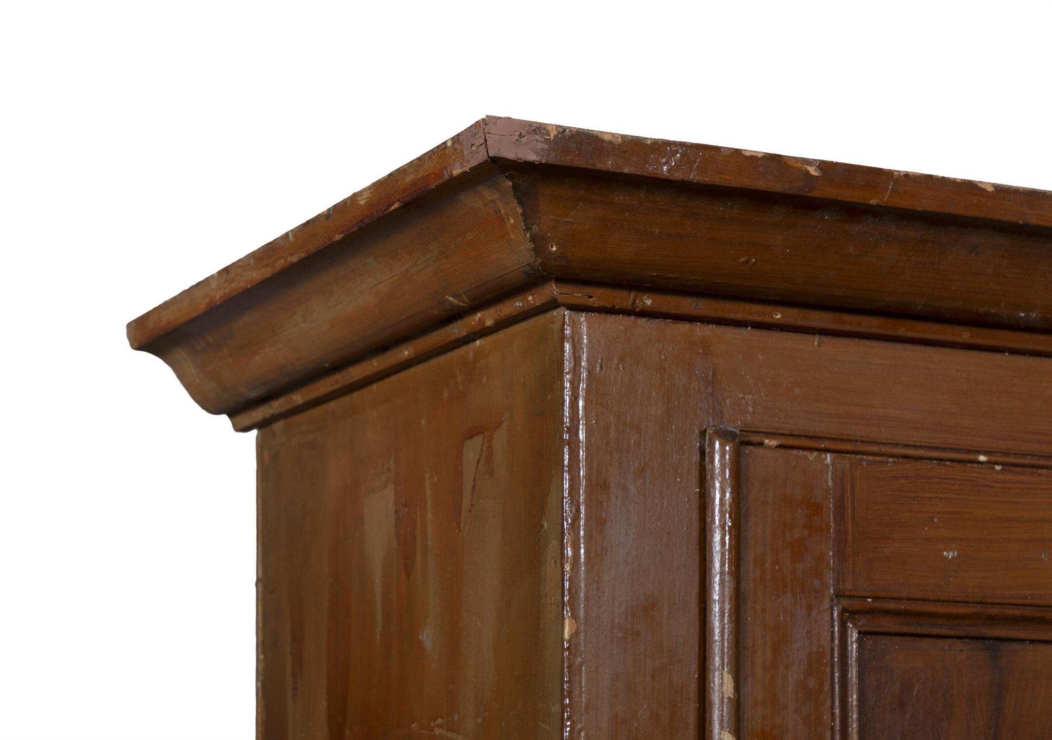 A STAINED PINE LARDER, the moulded cornice above a twin fielded panel door raised on a platform - Image 4 of 4