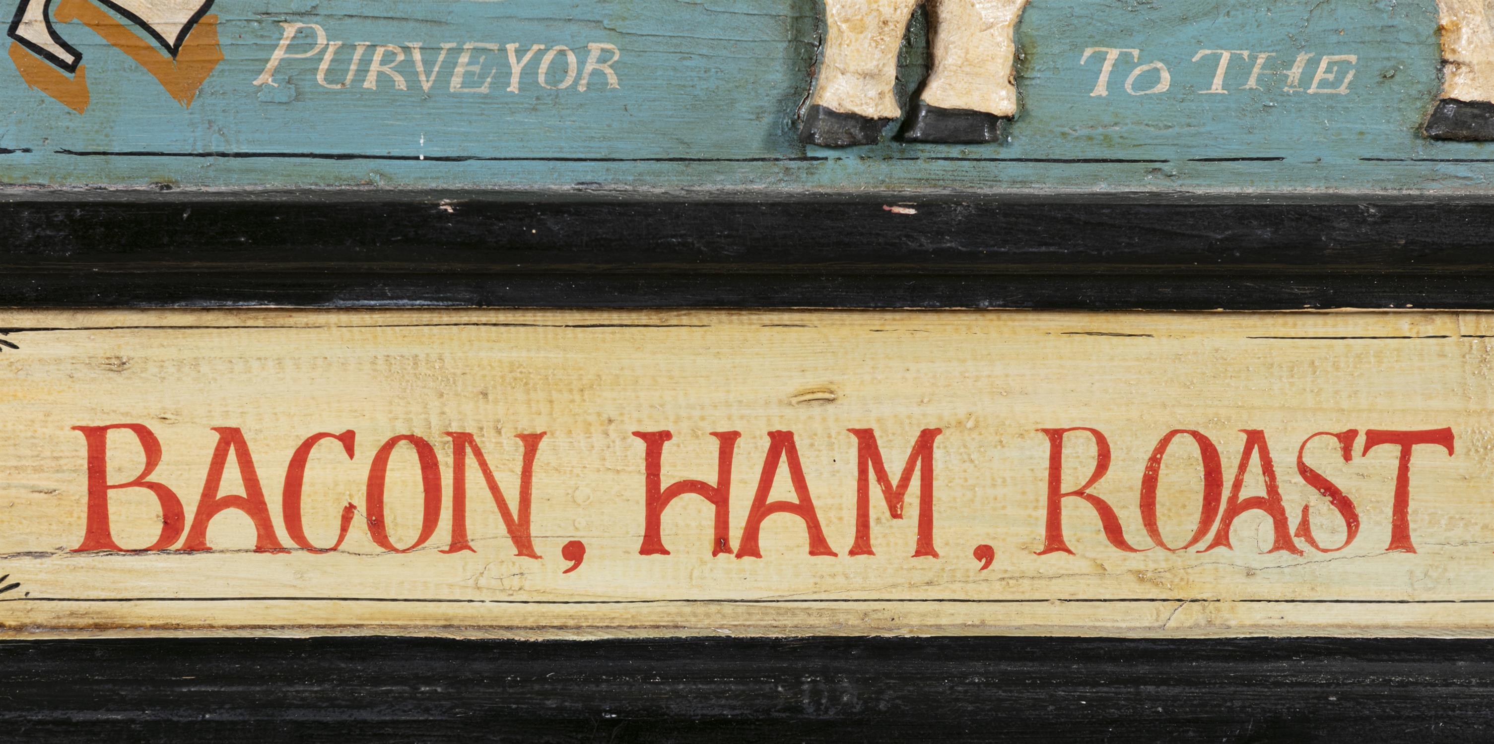 A PAINTED TIMBER SHOP SIGN, arch top with relief pig and inscribed 'Thomas Brown & Son, - Image 3 of 3
