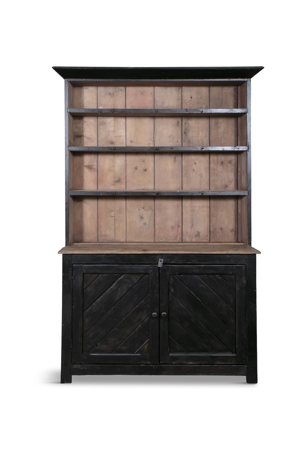 A 19TH CENTURY PAINTED PINE DRESSER, with moulded cornice above three shelves,