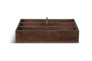 AN OAK CUTLERY TRAY, with four compartments and a brass carrying handle. 9.5cm high, 43cm wide,