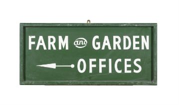 A GREEN AND WHITE PAINTED TIMBER SIGN 'FARM AND GARDEN, OFFICES'. 34 X 76cm