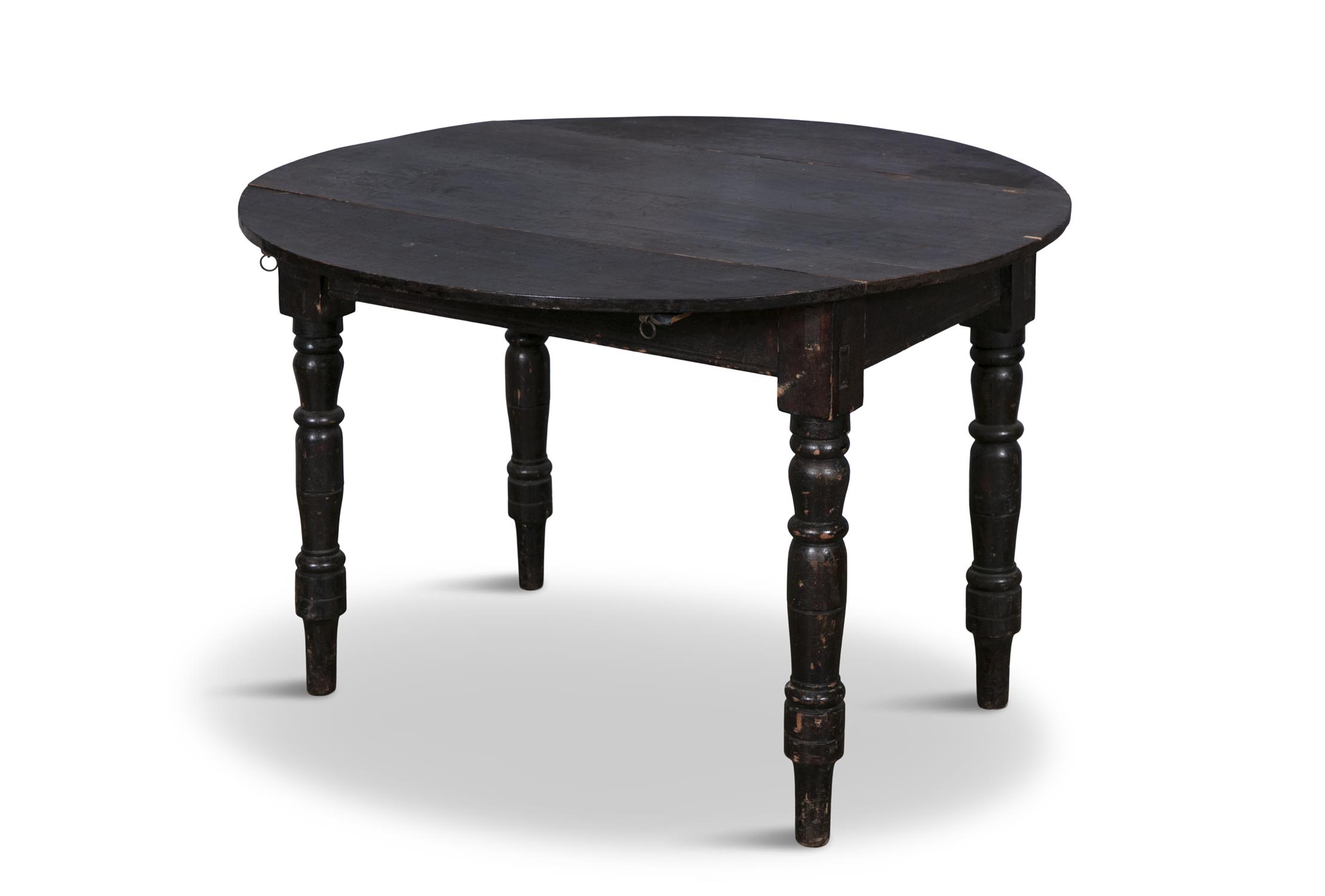 A BLACK PAINTED PINE OVAL DROP LEAF TABLE, plain frieze raised on turned baluster legs. - Image 3 of 3