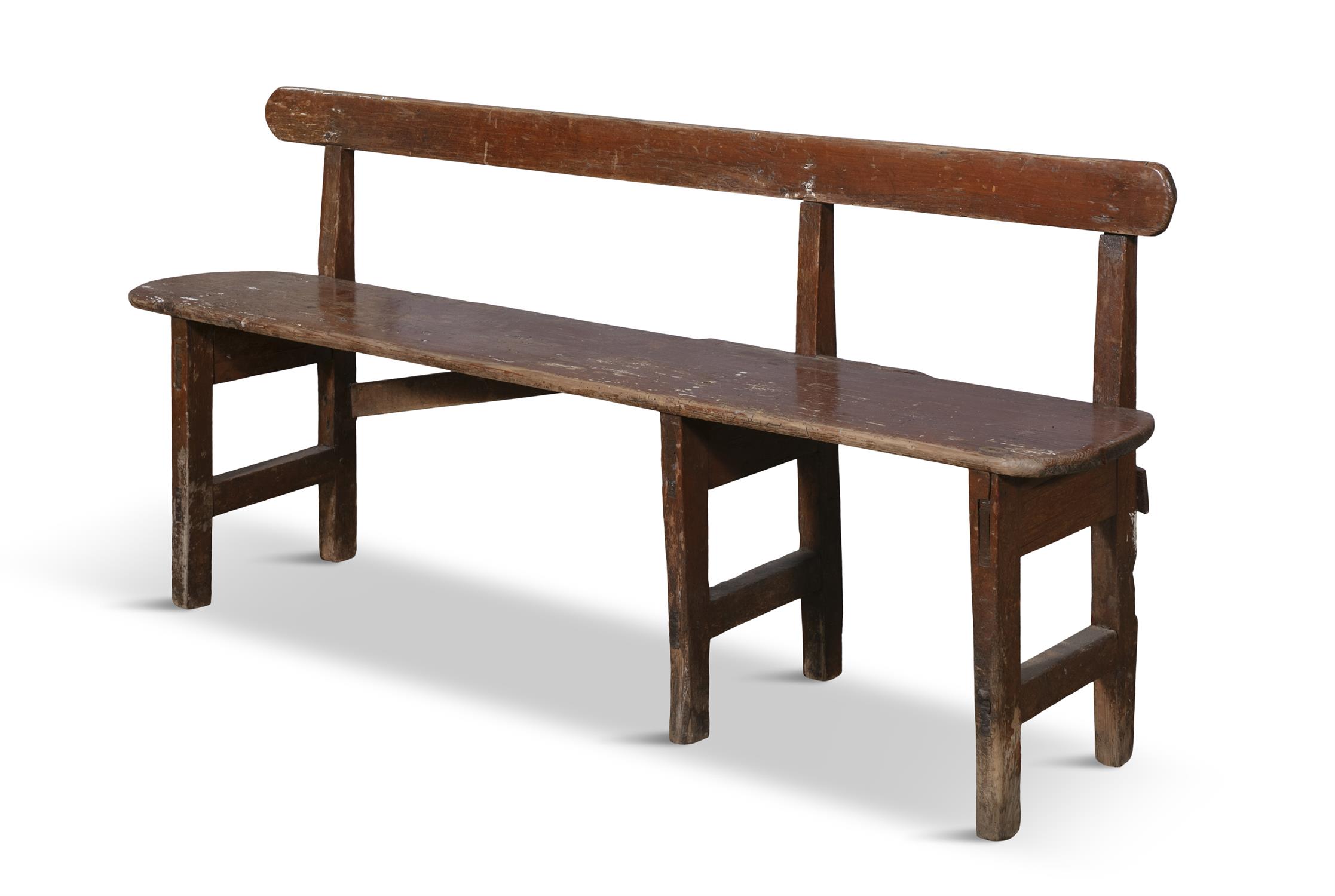 A COMPACT PAINTED PINE LONG RECTANGULAR BENCH with plain slat back and seat on three paired legs - Image 2 of 3