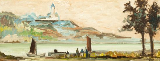 MARKEY ROBINSON (1918 - 1999) Boats and Figures on a River Gouache on board, 36 x 97cm (14 x