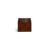 A MAHOGANY SQUARE SHAPED BLOCK MERCHANTS COUNTER WELL 9cm high, 12cm wide, 11.5cm deep