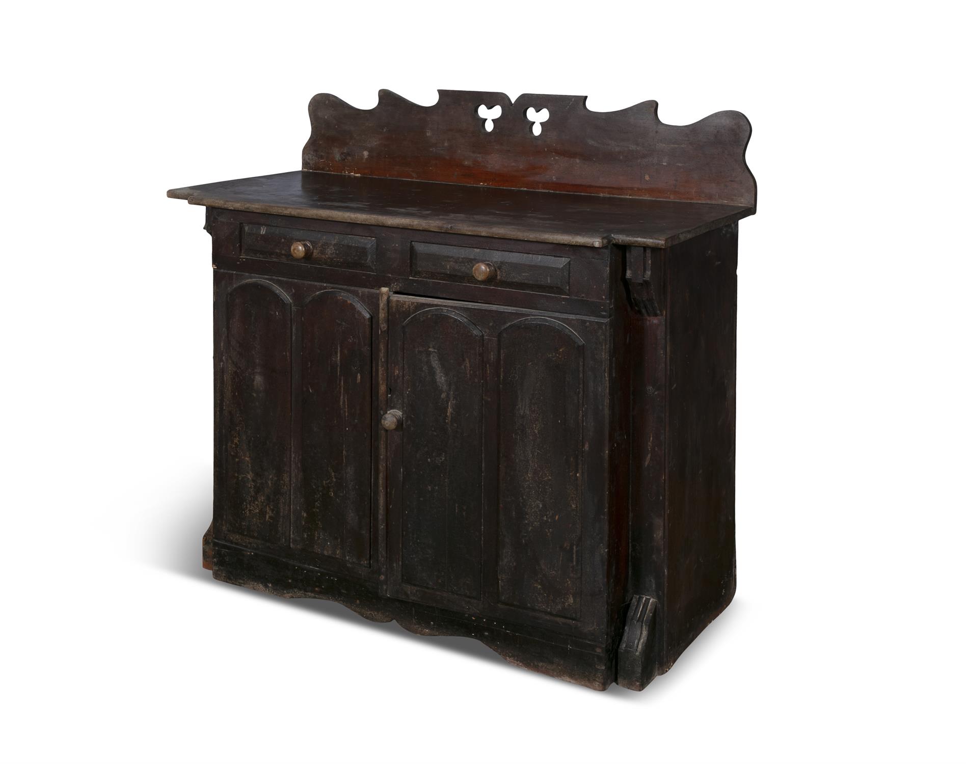 A 19TH STAINED PINE CUPBOARD, the carved and pierced gallery back on a shaped rectangular top, - Image 2 of 4