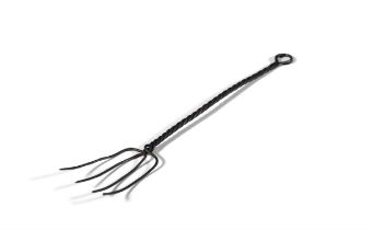 A WROUGHT IRON PRONG TOASTING FORK the four prongs entwining to form a spiral twist handle.