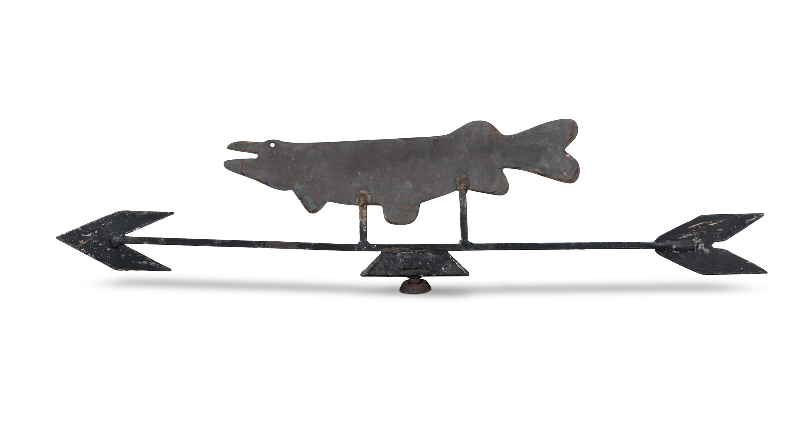 A WROUGHT IRON WIND VANE with wrought iron arrow and copper flat pike fish, 114cm wide