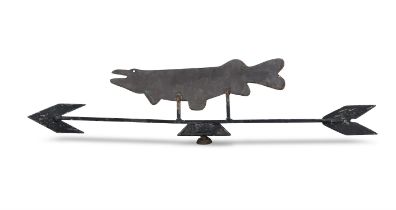 A WROUGHT IRON WIND VANE with wrought iron arrow and copper flat pike fish, 114cm wide