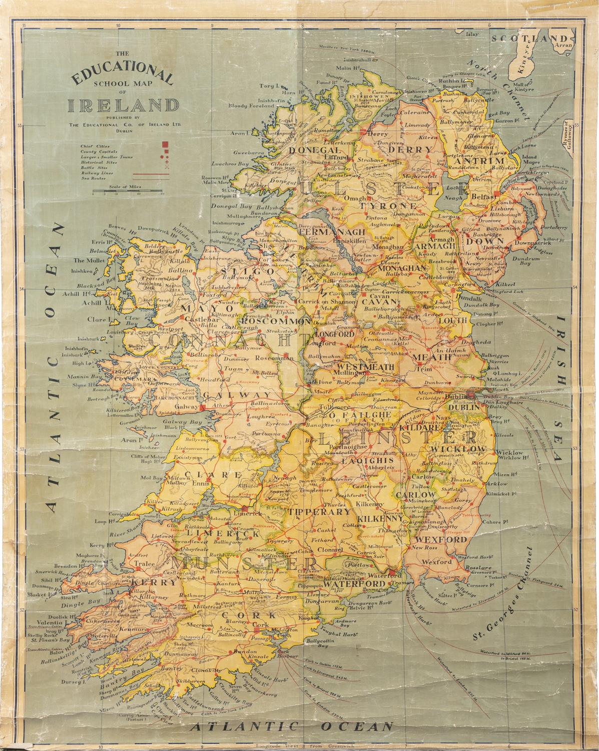 A LARGE MAP 'THE EDUCATIONAL SCHOOL MAP OF IRELAND', stamped 'Ireland' verso. 158cm high,