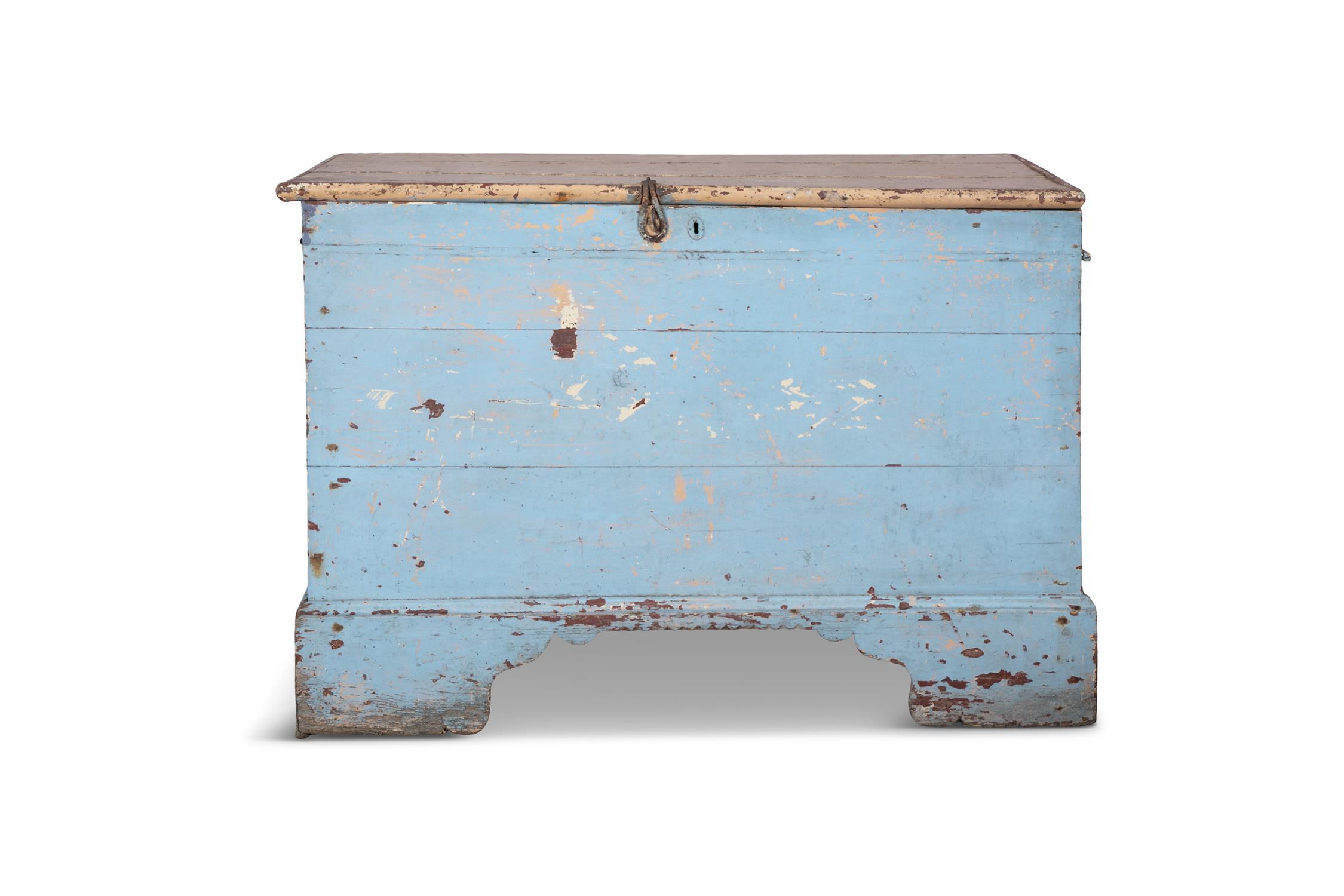 A 19TH CENTURY PAINTED BLANKET CHEST, the hinged rectangular three panel top with original