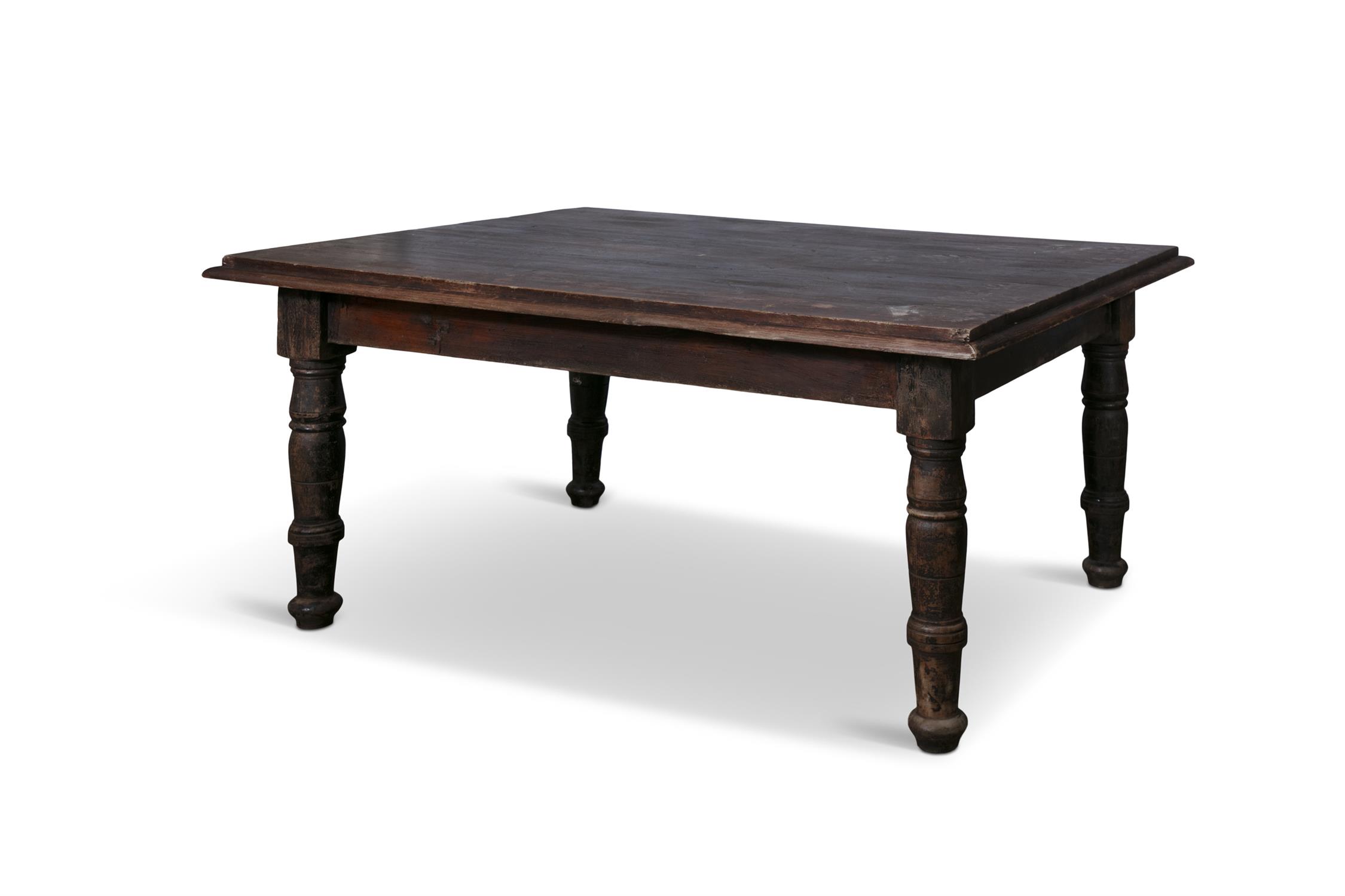 A 19TH CENTURY STAINED KITCHEN TABLE, the seven panel top with moulded rim above a plain frieze - Image 3 of 3