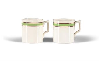 TWO CARRIGALINE POTTERY MUGS, GREEN BAND. Each 11cm high