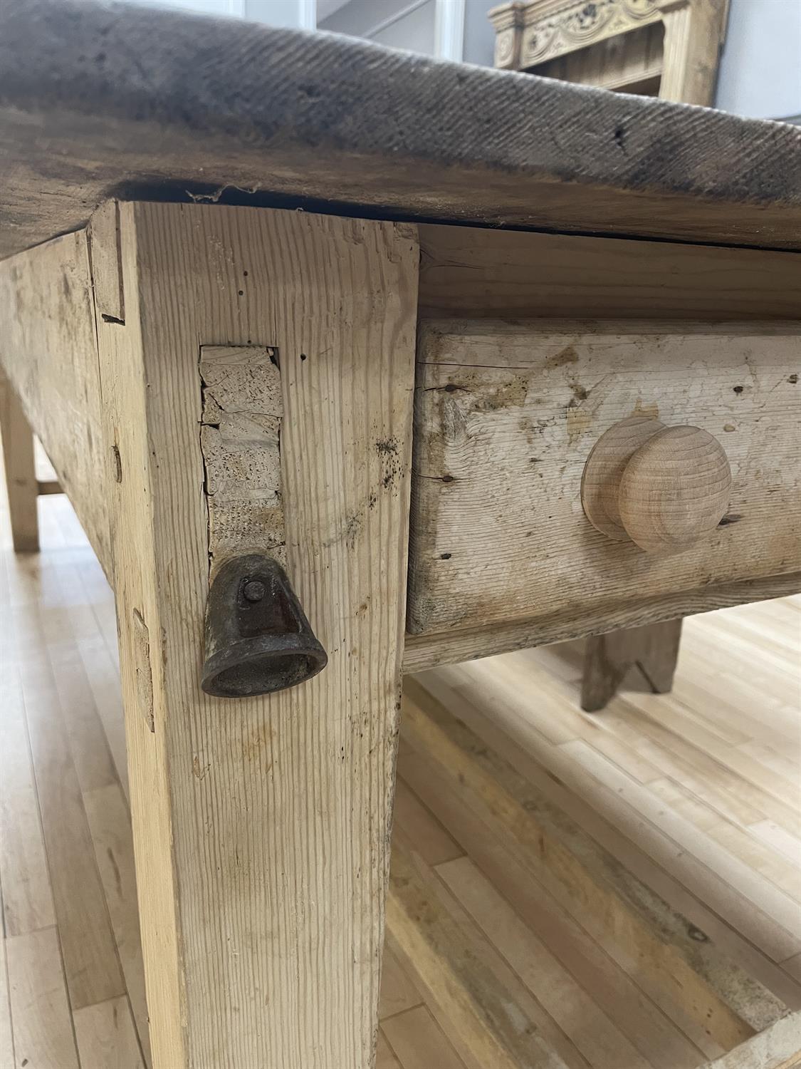 A 19TH CENTURY PITCH PINE FARMHOUSE TABLE, the two-plank rectangular top with rounded corners, - Image 8 of 10