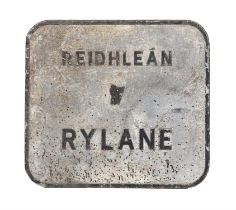 AN IRISH BLACK AND WHITE PAINTED SIGN, of shaped rectangular form with a raised boarder,