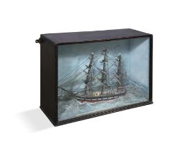 A FOLK ART DIORAMA OF THREE-MASTED BARK MODEL SHIP, painted timber, contained in a framed