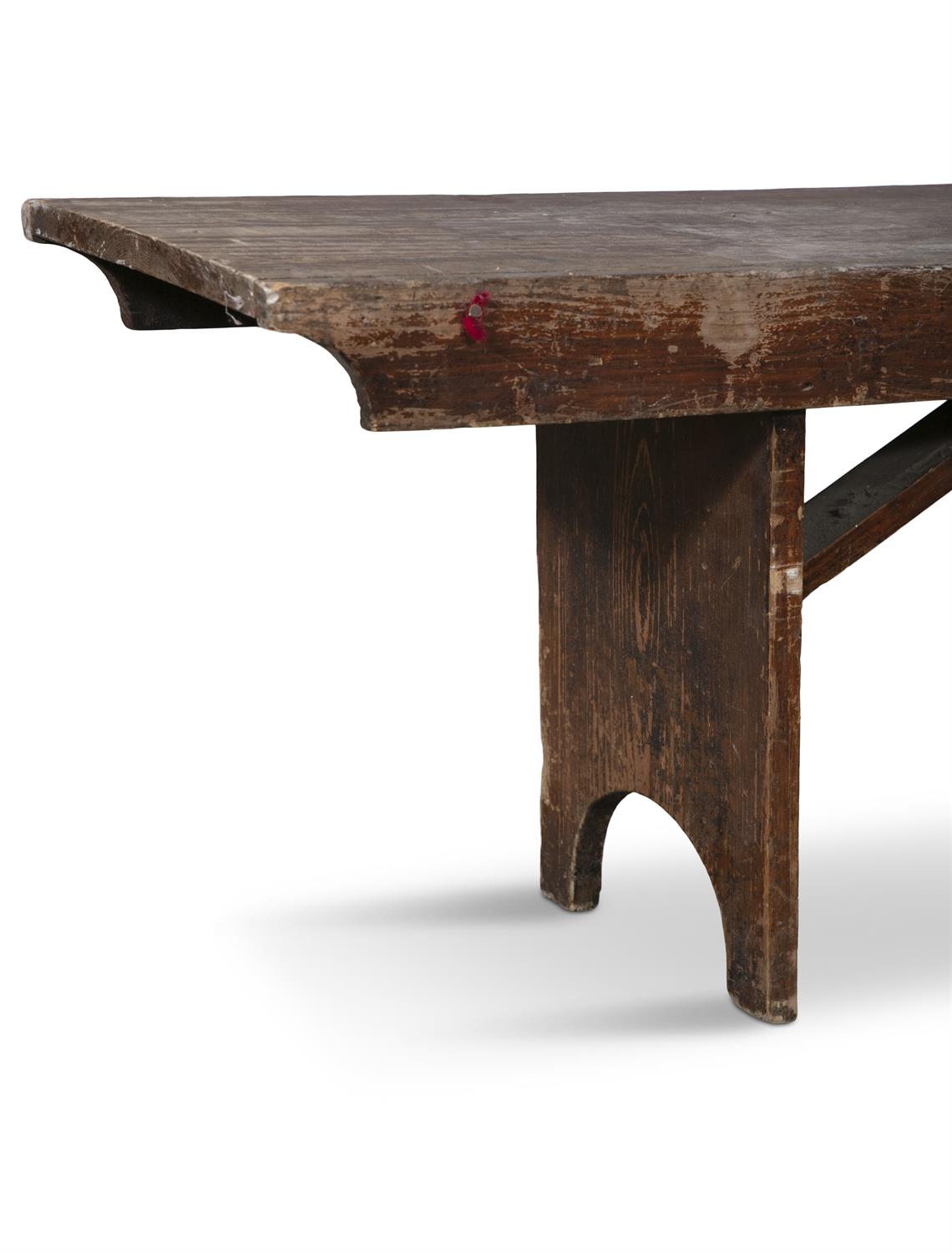 A 19TH CENTURY STAINED LONG BENCH, with plain seat above a shaped frieze with trestle feet and - Image 3 of 3