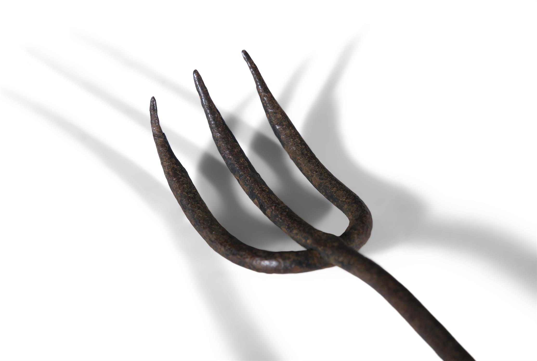 A 19TH CENTURY WROUGHT IRON THREE PRONG TOASTING FORK with hook end handle, 50cm long - Image 3 of 3