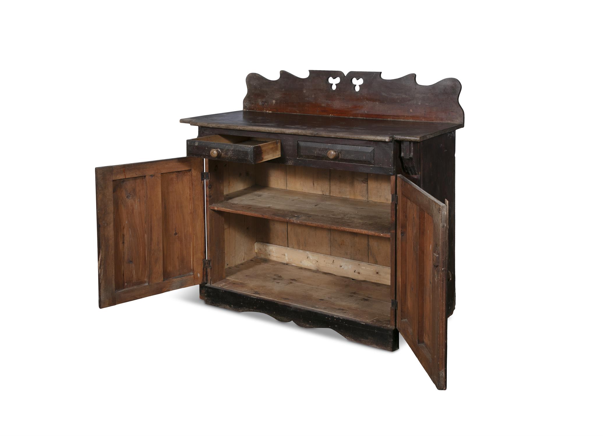 A 19TH STAINED PINE CUPBOARD, the carved and pierced gallery back on a shaped rectangular top, - Image 3 of 4