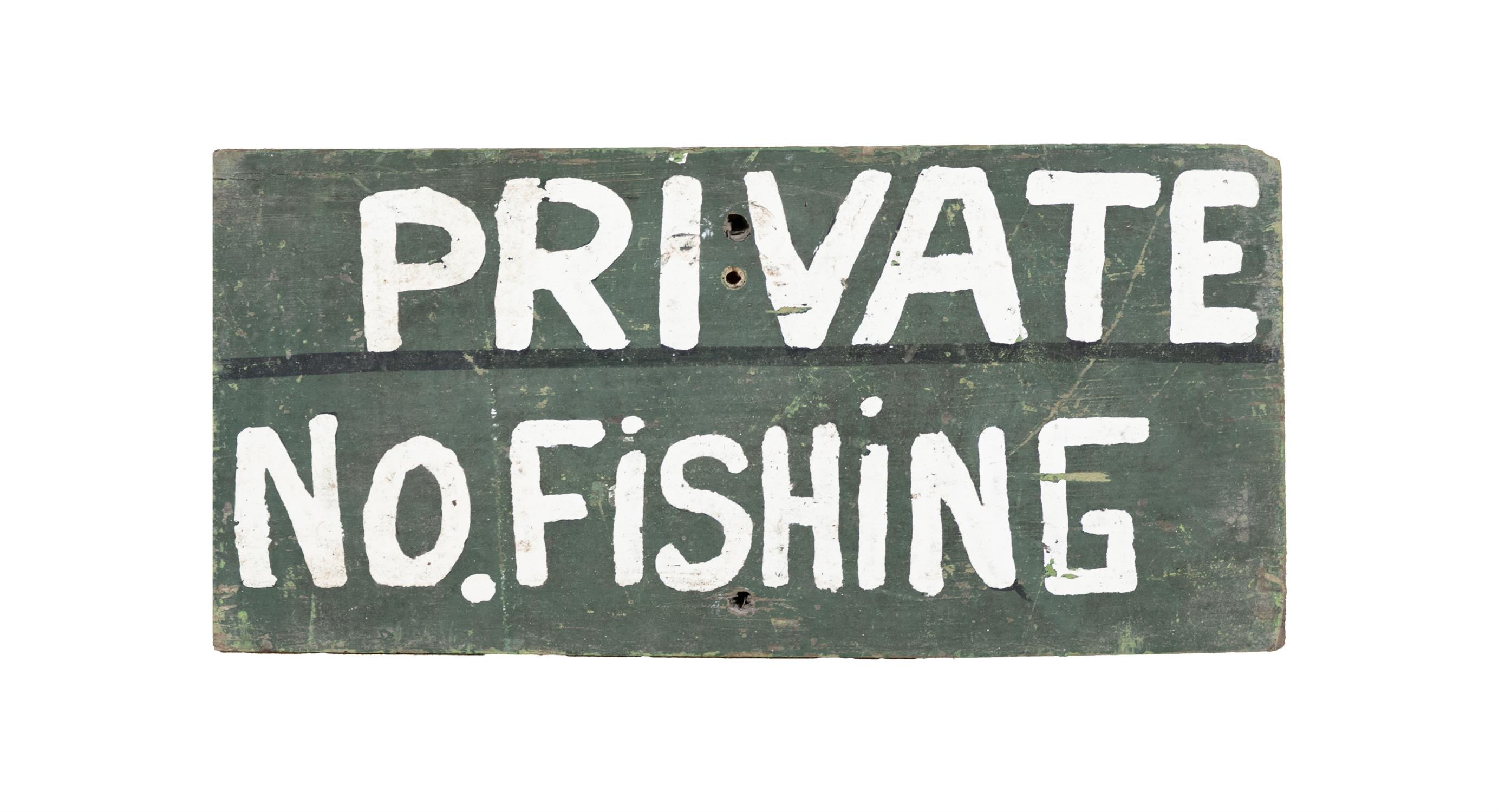 TWO GREEN AND WHITE PAINTED TIMBER ESTATE SIGN 'PRIVATE FISHING; PRIVATE NO. FISHING'. - Image 2 of 3