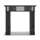 A KILKENNY BLACK MARBLE FIREPLACE C. 1800 with frieze pediment on plain column supports.