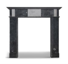 A KILKENNY BLACK MARBLE FIREPLACE C. 1800 with frieze pediment on plain column supports.