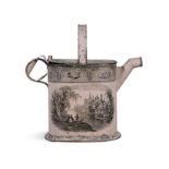 A TOLEWARE DECORATIVE WATERING CAN, with transfer printed decoration, 39cm, 39cm, 18cm deep