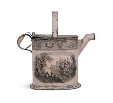 A TOLEWARE DECORATIVE WATERING CAN, with transfer printed decoration, 39cm, 39cm, 18cm deep