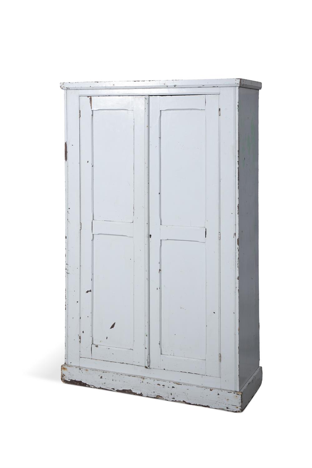 A PAINTED PINE CUPBOARD, the moulded top and two long panel doors with fitted interior raised on - Image 2 of 3