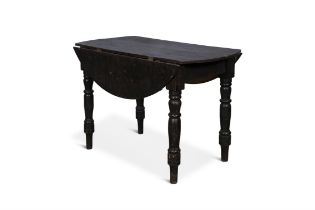 A BLACK PAINTED PINE OVAL DROP LEAF TABLE, plain frieze raised on turned baluster legs.