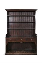 A 19TH CENTURY PAINTED PINE DRESSER, moulded cornice above three open shelves with slatted panel