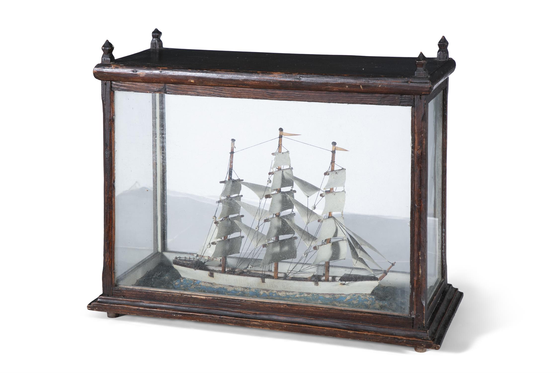 A DIORAMA OF A THREE MASTED SQUARE RIGGED MODEL BARK SHIP the stained timber case of rectangular - Image 2 of 5