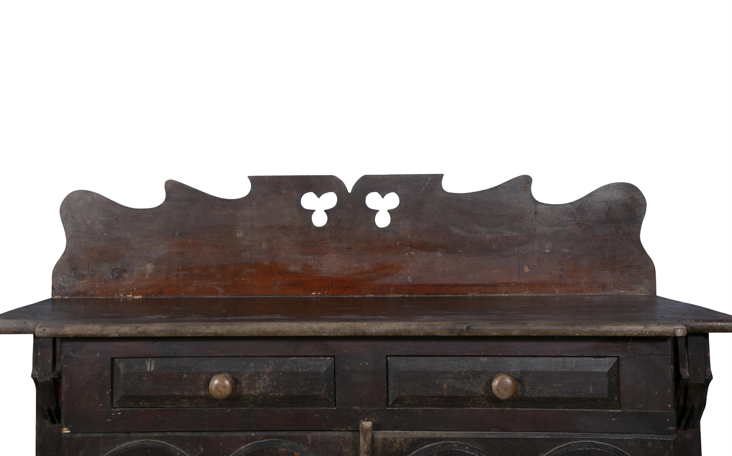 A 19TH STAINED PINE CUPBOARD, the carved and pierced gallery back on a shaped rectangular top, - Image 4 of 4