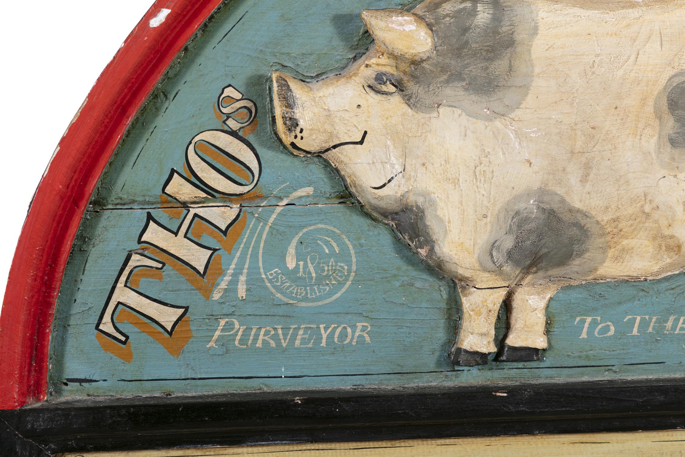 A PAINTED TIMBER SHOP SIGN, arch top with relief pig and inscribed 'Thomas Brown & Son, - Image 2 of 3