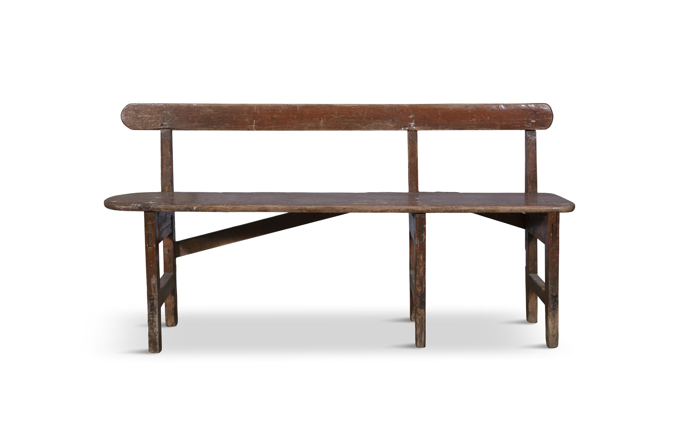 A COMPACT PAINTED PINE LONG RECTANGULAR BENCH with plain slat back and seat on three paired legs