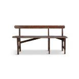 A COMPACT PAINTED PINE LONG RECTANGULAR BENCH with plain slat back and seat on three paired legs