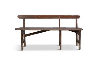 A COMPACT PAINTED PINE LONG RECTANGULAR BENCH with plain slat back and seat on three paired legs