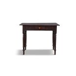 A STAINED RECTANGULAR SIDE TABLE, the single frieze drawer with turned handle raised on slender