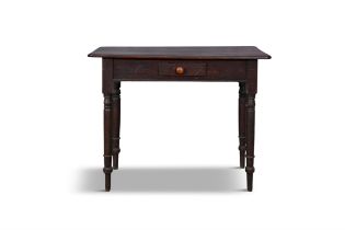 A STAINED RECTANGULAR SIDE TABLE, the single frieze drawer with turned handle raised on slender