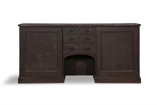 A 19TH CENTURY STAINED LOW DRESSER, three graduated central doors above an arched compartment