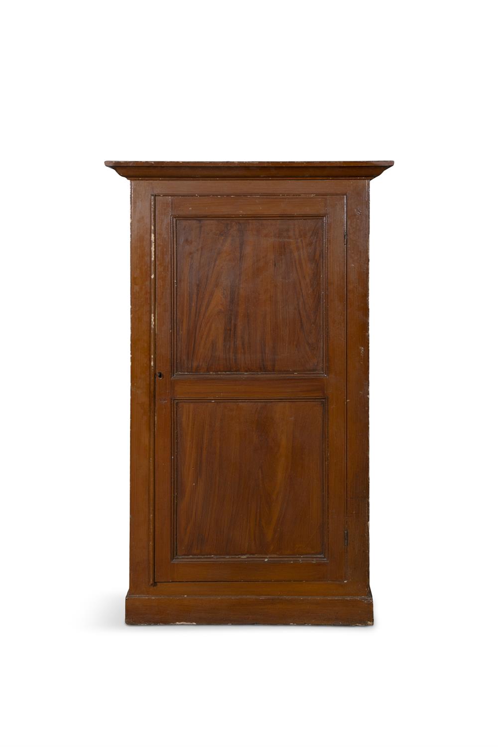 A STAINED PINE LARDER, the moulded cornice above a twin fielded panel door raised on a platform