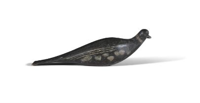 A PAINTED CARVED TIMBER DECOY MODEL OF A PIDGEON with a hinged support beneath. 30cm long,