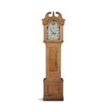 A VICTORIAN STRIPPED PINE LONG CASE CLOCK, with swan neck pediment, the hood enclosing a