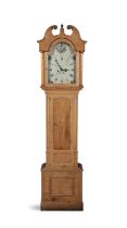 A VICTORIAN STRIPPED PINE LONG CASE CLOCK, with swan neck pediment, the hood enclosing a