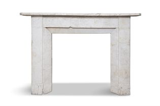 A WHITE MARBLE FIREPLACE 186 cm high, 131cm wide This carved and antique graffitied