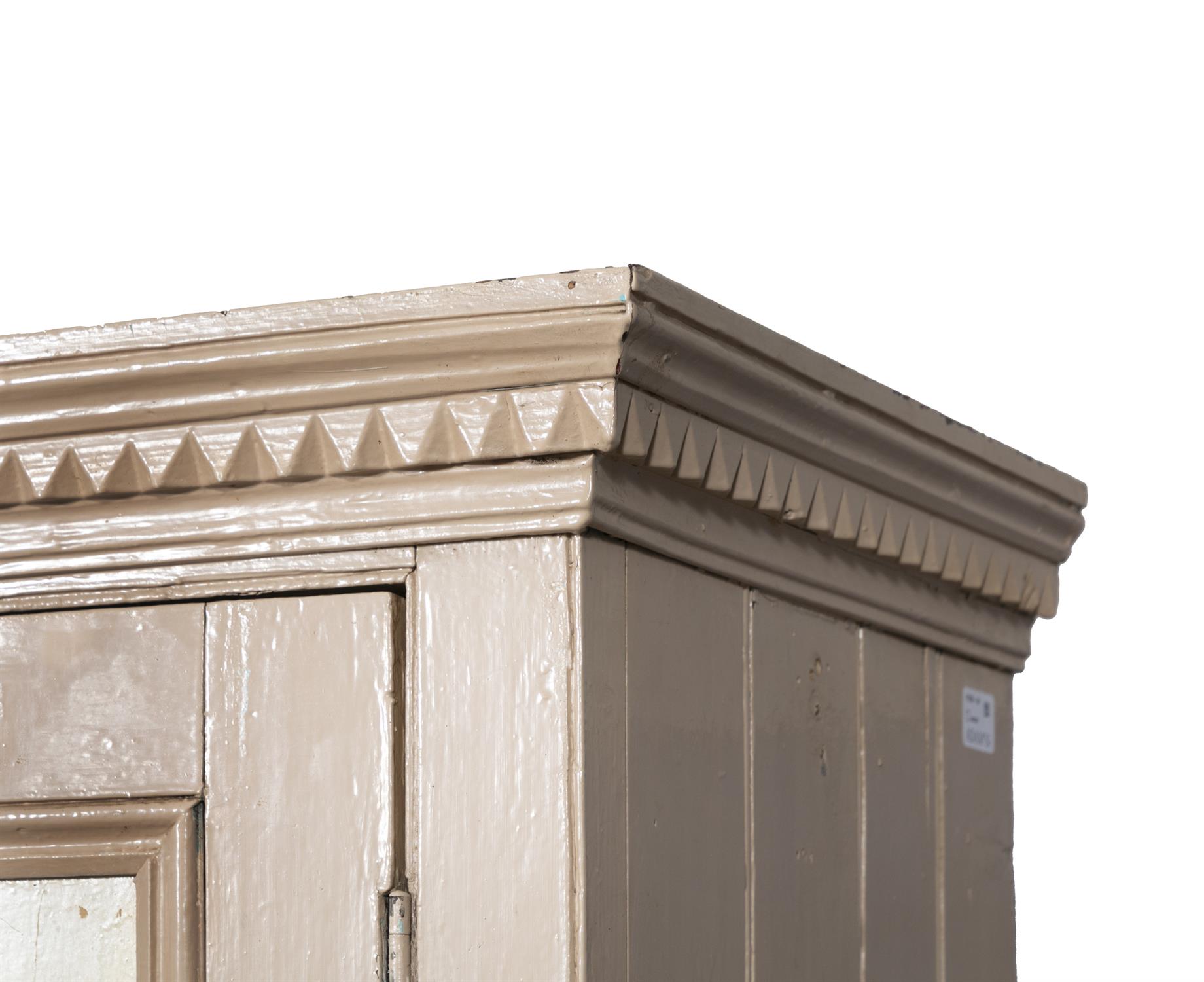 A 19TH CENTURY PAINTED PINE CUPBOARD, the cornice with saw-tooth dentil moulding above two twin - Image 4 of 14