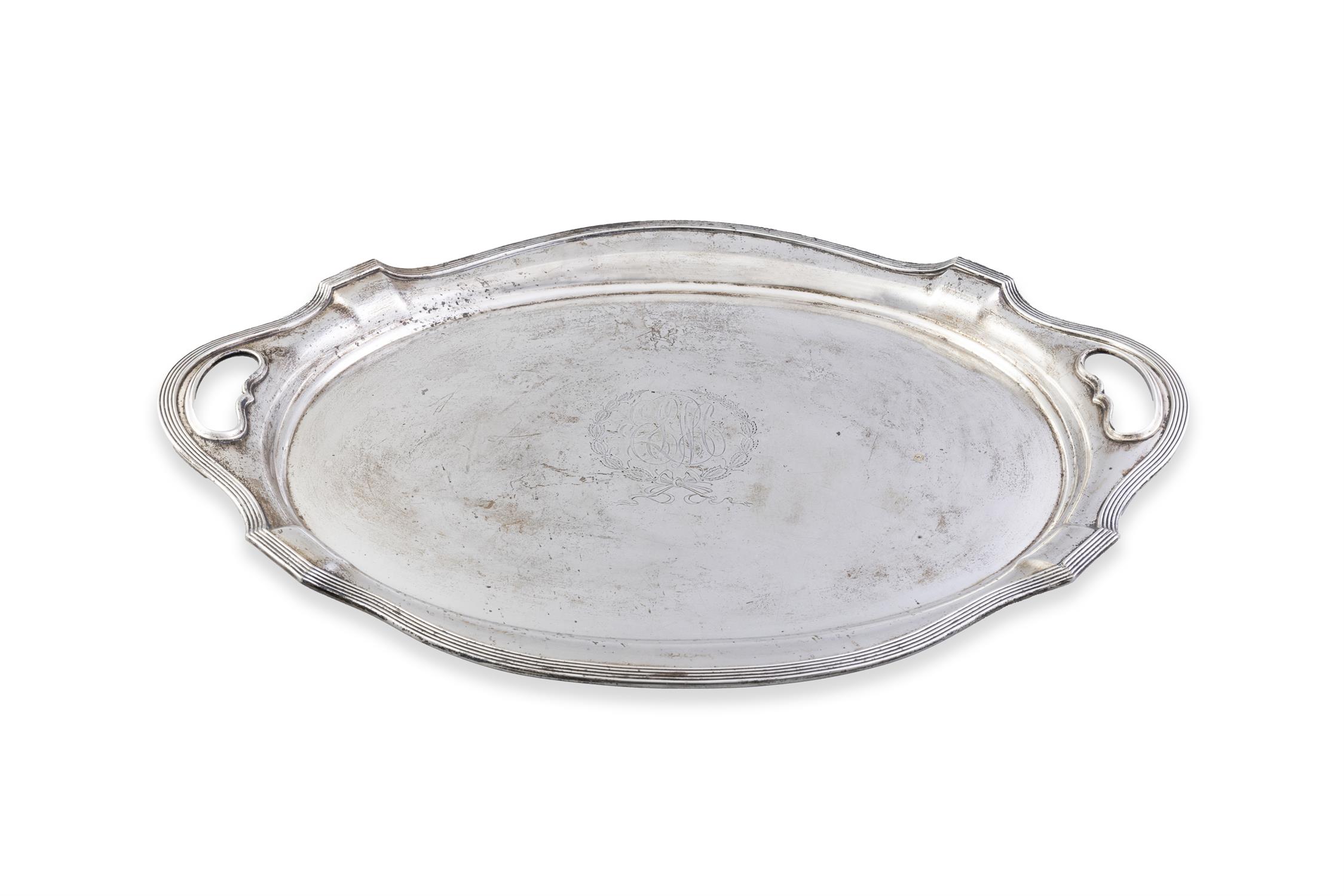 A LARGE AMERICAN SILVER TWO HANDLED SERVING TRAY retailers mark for 'J.E. Caldwell & Co. - Image 3 of 5