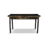 A GEORGE III JAPANNED SERPENTINE SIDE TABLE, LATE 18TH CENTURY, the top decorated depicting