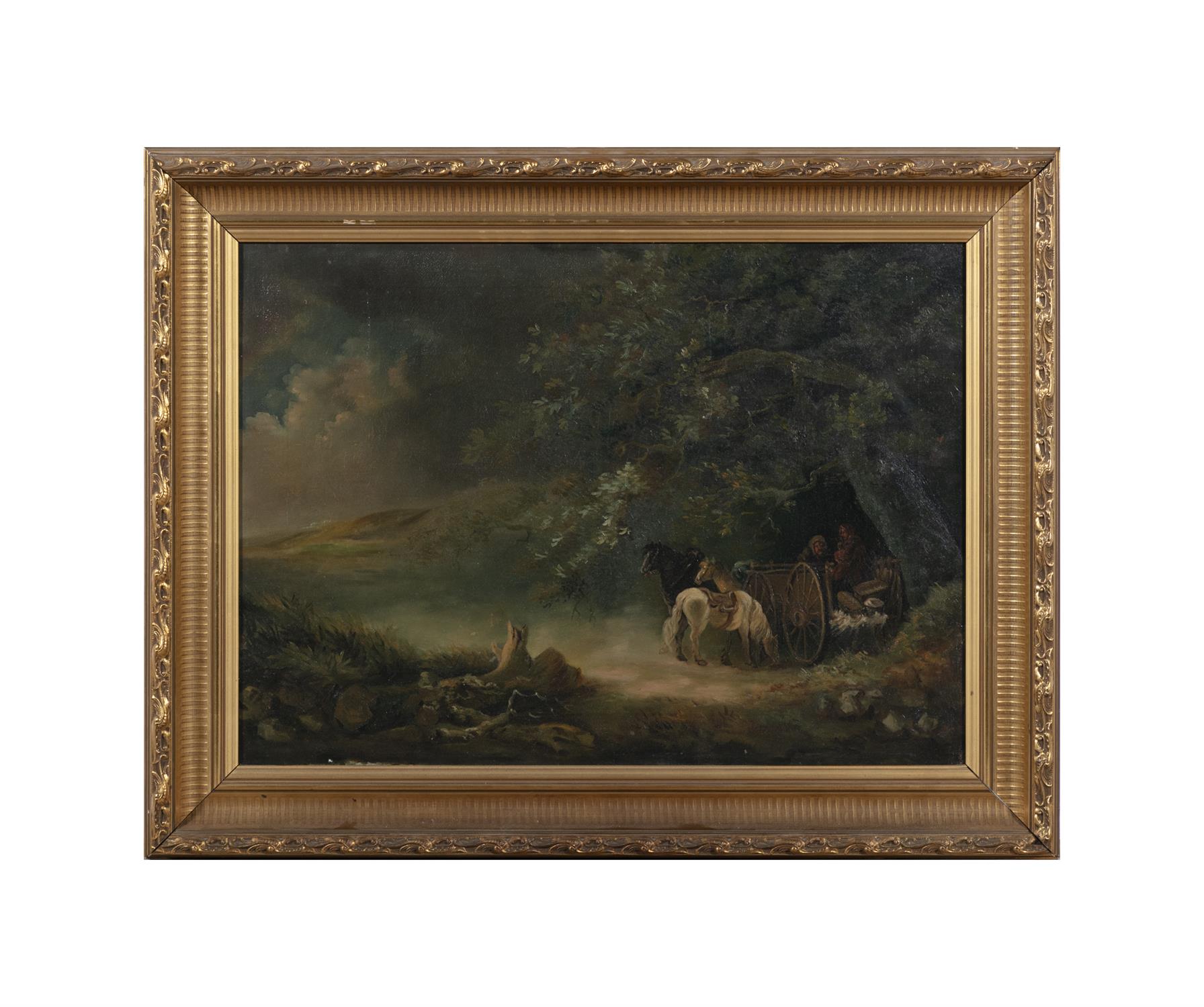 ENGLISH SCHOOL,19TH CENTURY A Wooded Landscape With Travellers Beside a Cart and Horses,