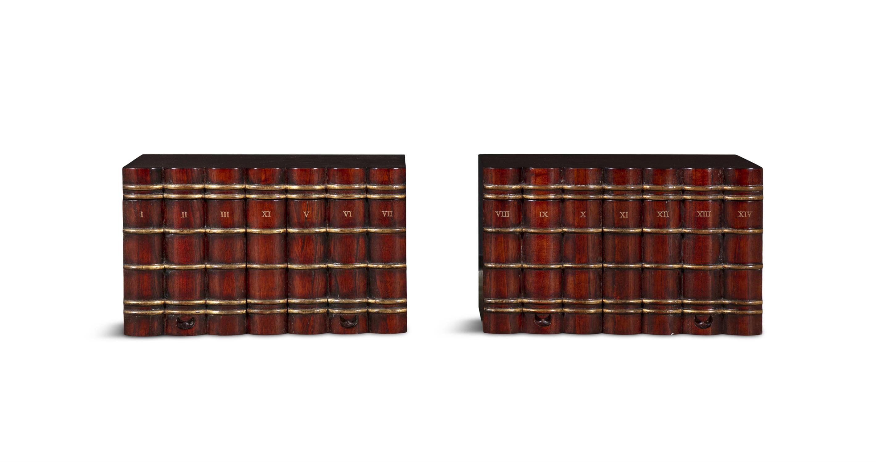 AN UNUSUAL PAIR OF NOVELTY LIBRARY STORAGE BOXES, EARLY 19TH CENTURY in mahogany and parcel gilt,